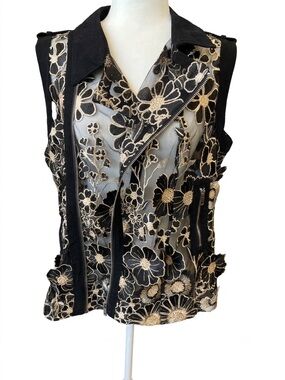 Adore Black & Cream Floral Lace Moto Vest